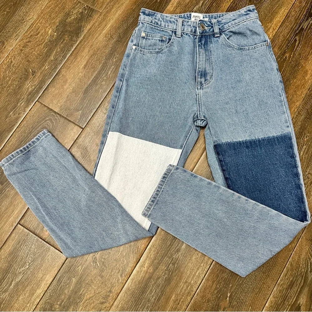 PRINCESS POLLY Cofield Mom Jeans Colorblock Patch High Waist Straight Leg Size 2